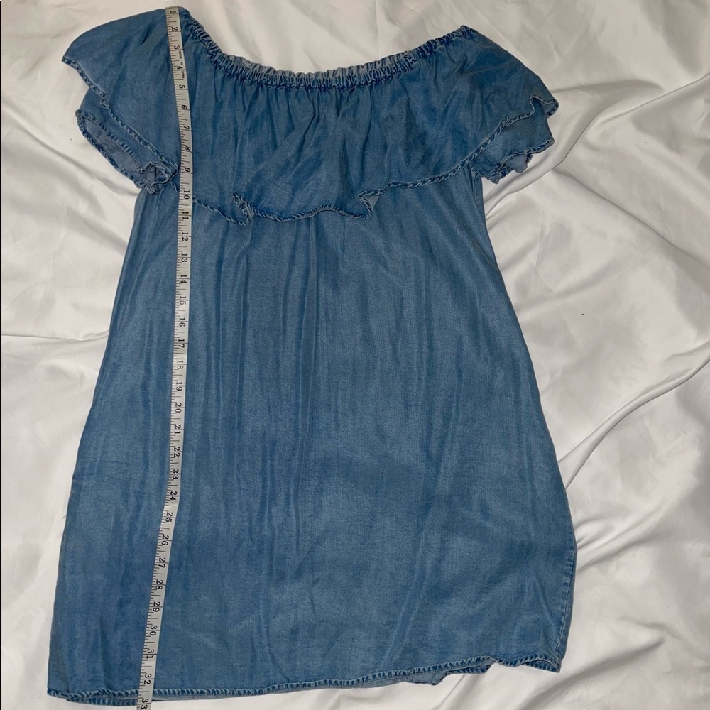 Zara Light Denim Off the Shoulder Midi Dress